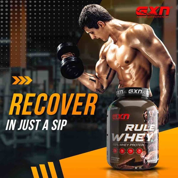 A high-contrast advertisement for Whey Protein featuring an athletic male subject and clear product benefits.